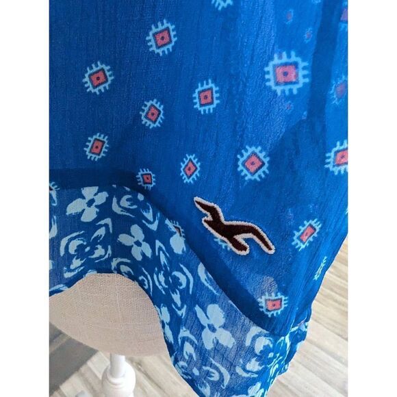 Hollister Women's Floral Boho V Neck Ruffled Short Sleeve Top Bright Blue XS New - Picture 4 of 13